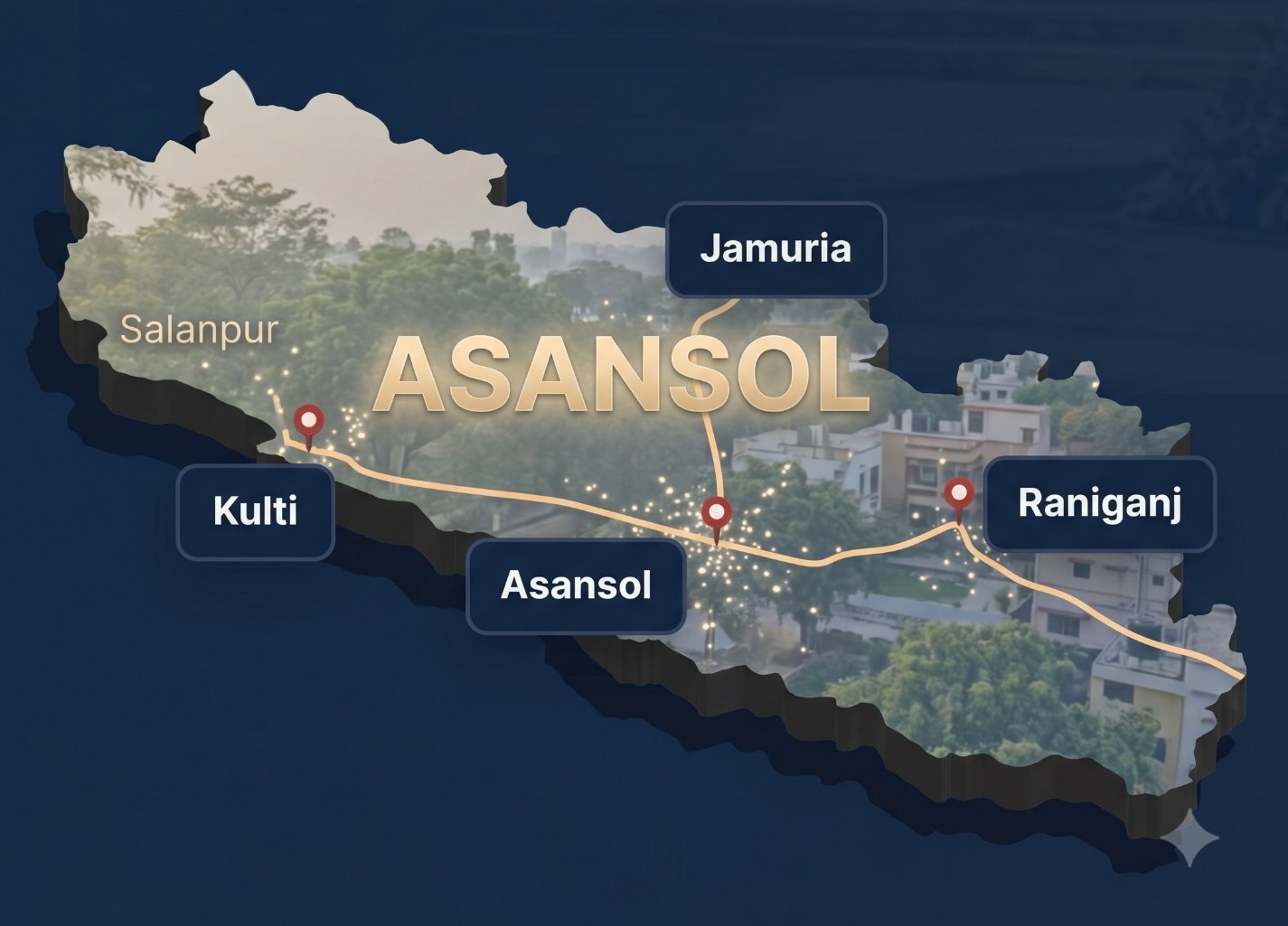 3D map illustration highlighting Asansol and nearby service areas